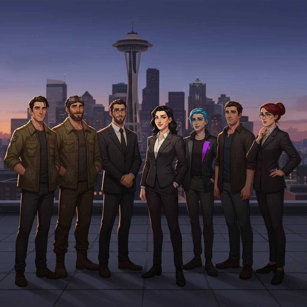 The eight AmbientOS agents on a rooftop at dusk
