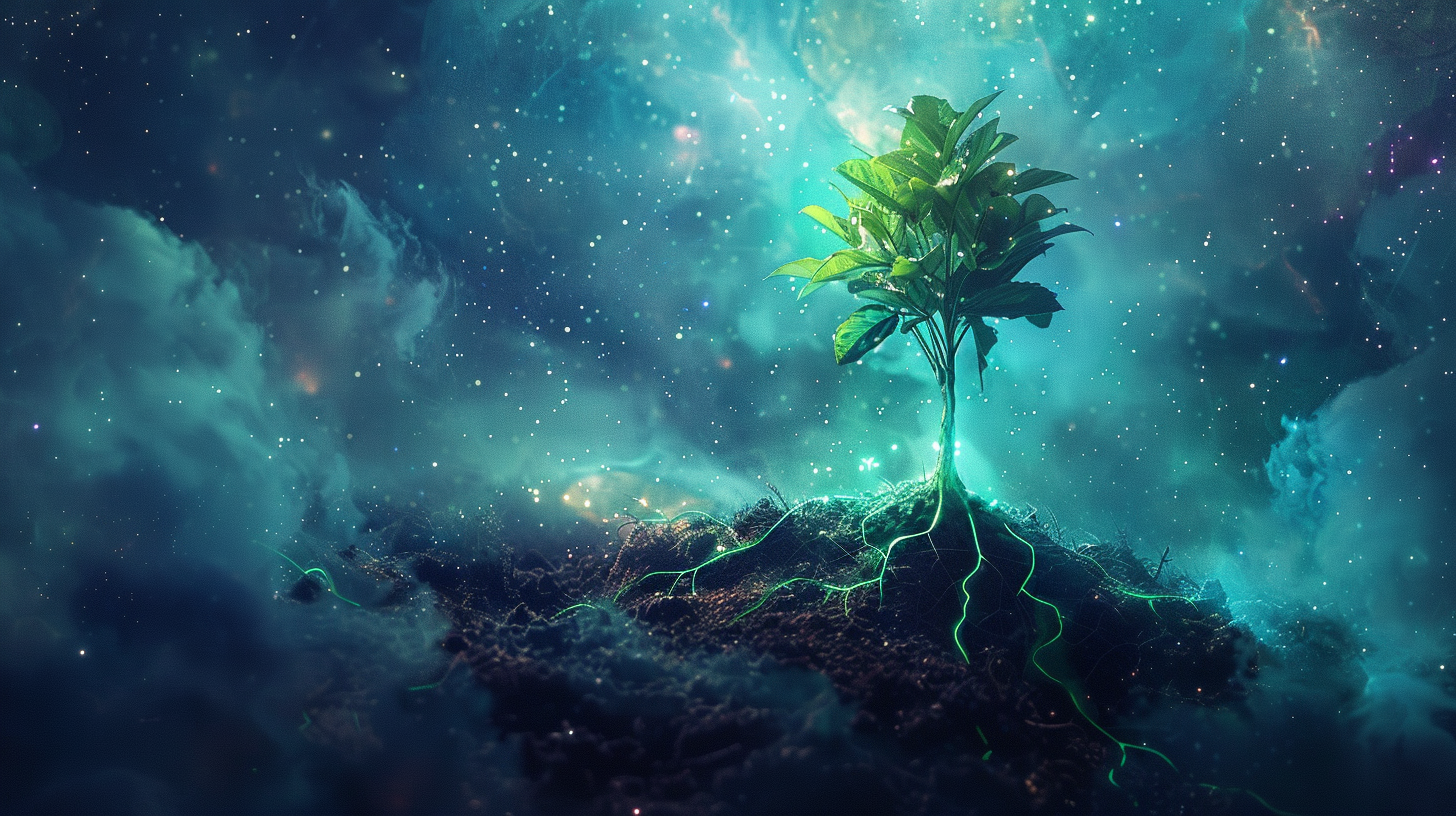 Glowing organic seed in cosmic space